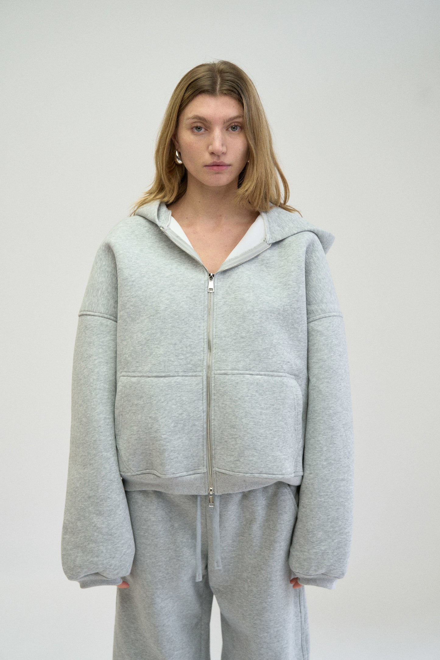 STRUCTURED ZIP HOODIE, MARL GREY