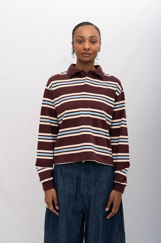 SPORTY LONG SLEEVE POLO, MAROON STRIPED